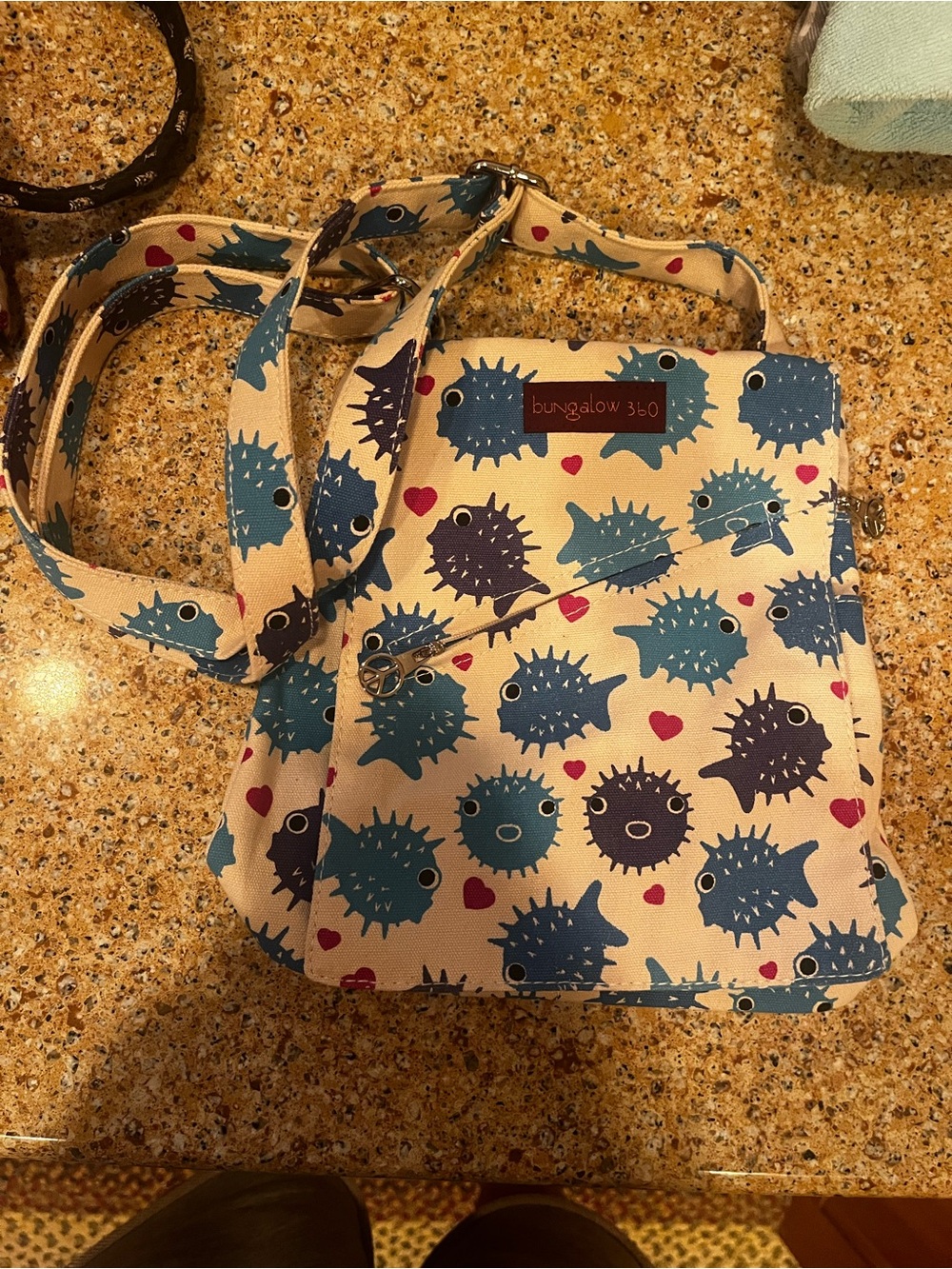 bungalow 360 Beige Crossbody with Blue & Purple Pufferfish Print